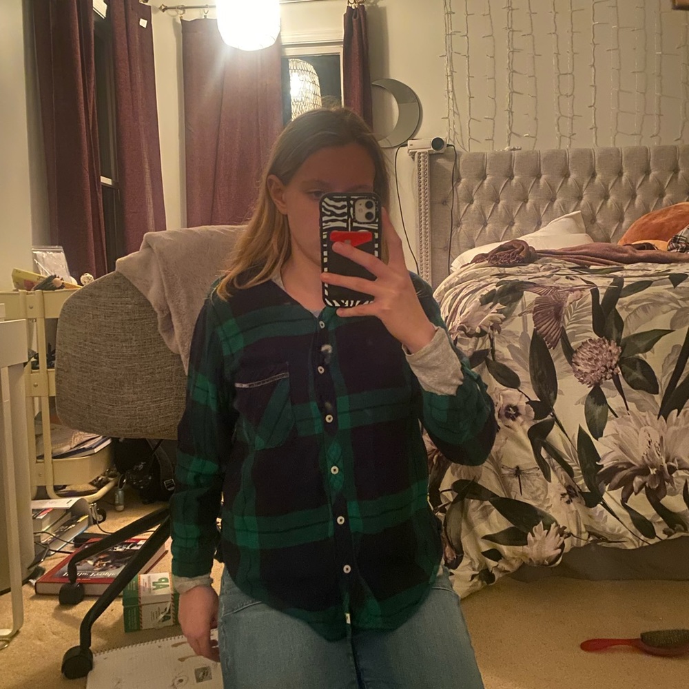 Aerie green and navy button up flannel top